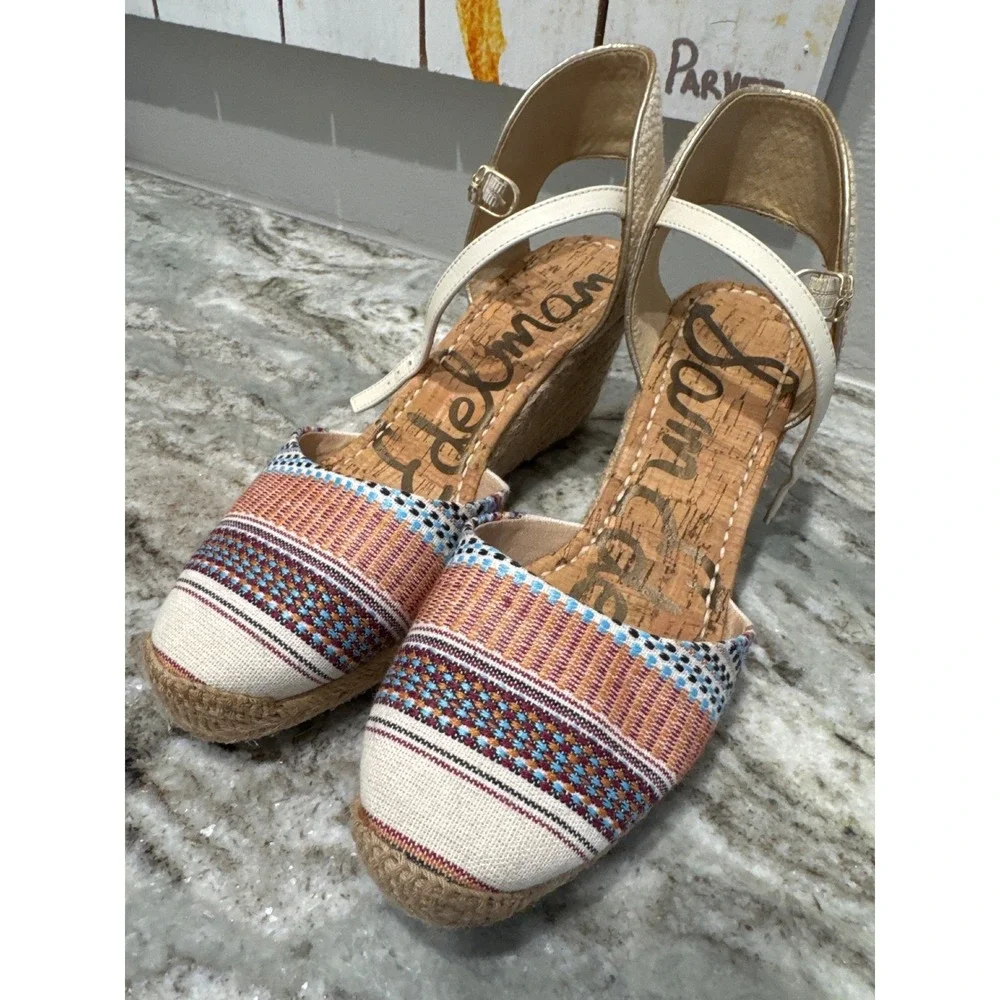 Sam Edelman Payton Espadrille Wedge sandal  striped upper cork jute wedge NWOT 9